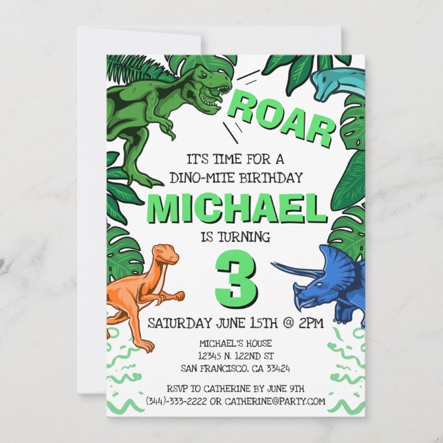 Invitación Niños Dinosaurios Dino Trex Jurassic Cumpleaños (Anverso)