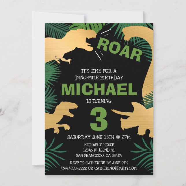 Invitación Niños dinosaurios Nacimiento Dino Gold Trex Boy (Anverso)