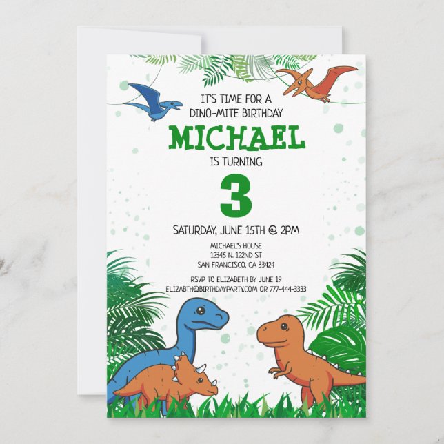 Invitación Niños dinosaurios Nacimiento Dino Trex Boy (Anverso)