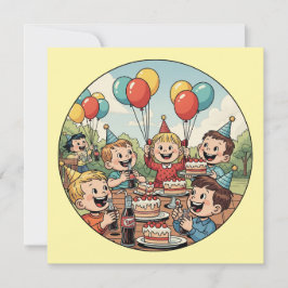 Invitación Niños disfrutando de sus pasteles, refrescos y glo