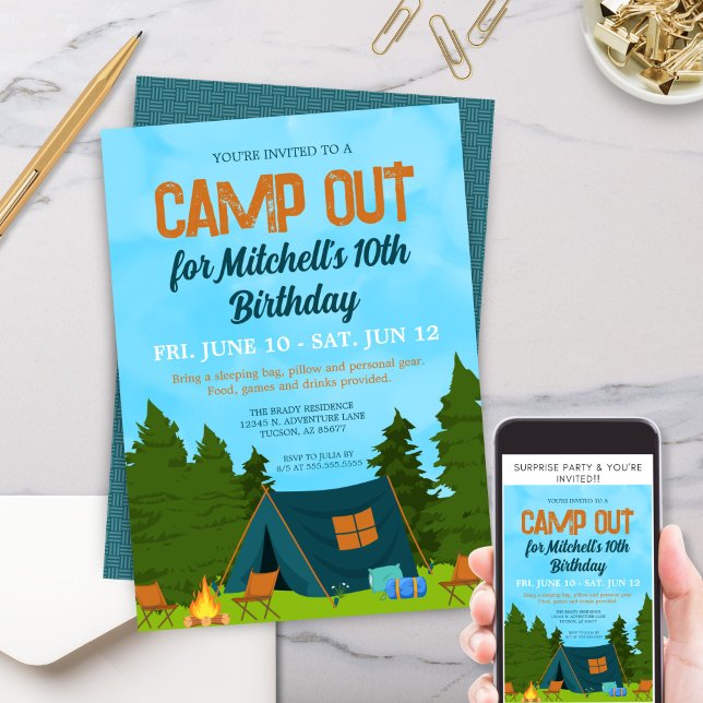 Invitación Niños divertidos invitan a campamento a salir fies (Personalized camp out birthday party invitation for kids camping theme sleepover adventure outdoors)