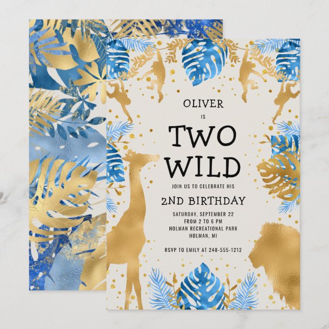 Invitación Niños dos salvajes 2º cumpleaños Blue Ecru Safari (Anverso / Reverso)