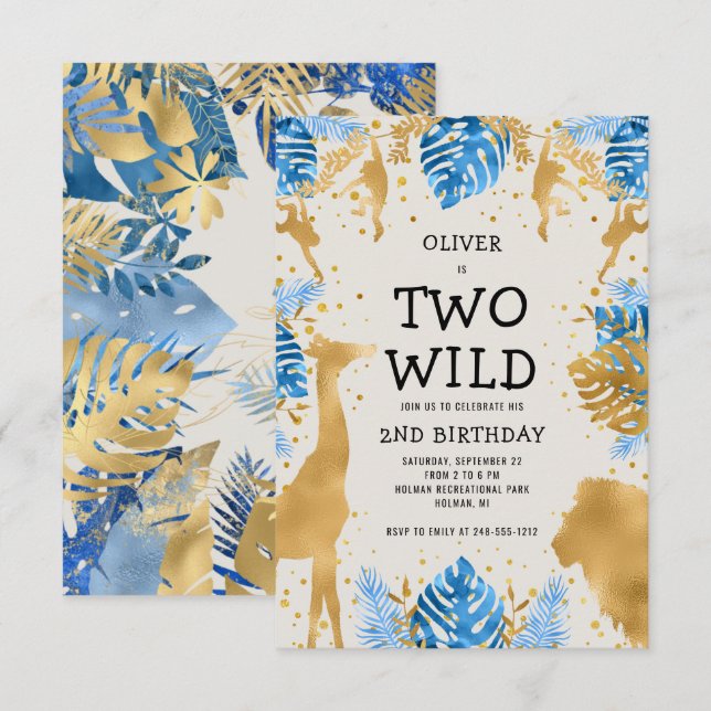 Invitación Niños dos salvajes 2º cumpleaños Blue Ecru Safari (Anverso / Reverso)