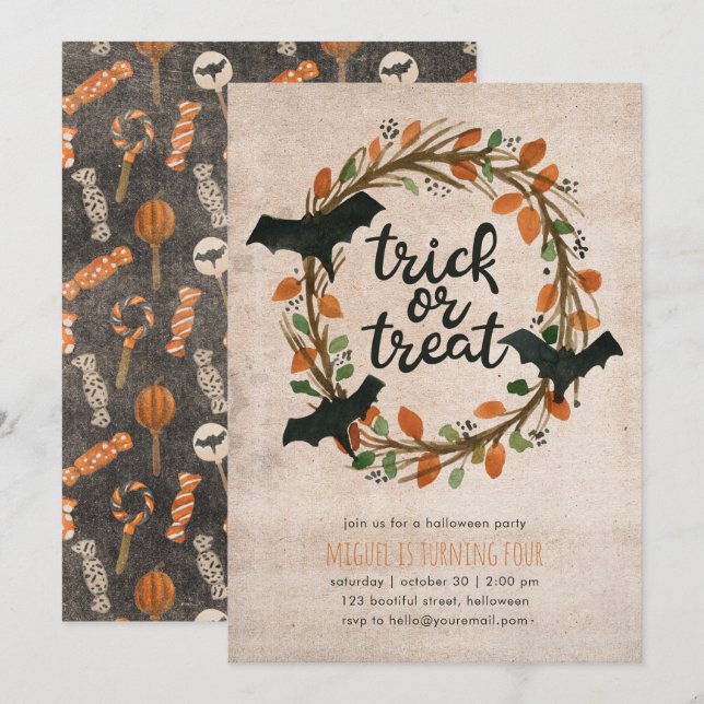 Invitación Niños en Halloween Fiesta de cumpleaños truco de t (Anverso / Reverso)