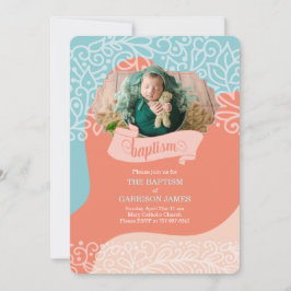 Invitación Niños en olas Naranjas y azules con bautismo fotog