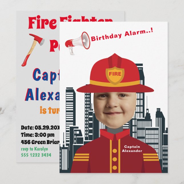 Invitación Niños especiales Cumpleaños increíble bombero (Anverso / Reverso)