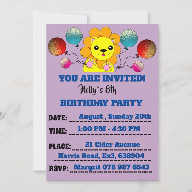 Invitación Niños Fiesta de cumpleaños Globo Feliz León (Anverso)