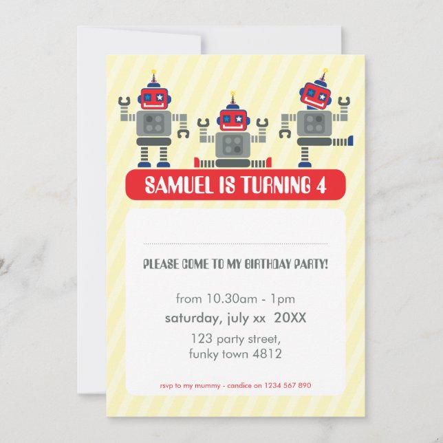 Invitación NIÑOS FIESTA DE CUMPLEAÑOS INVITAN a un trío robot (Anverso)