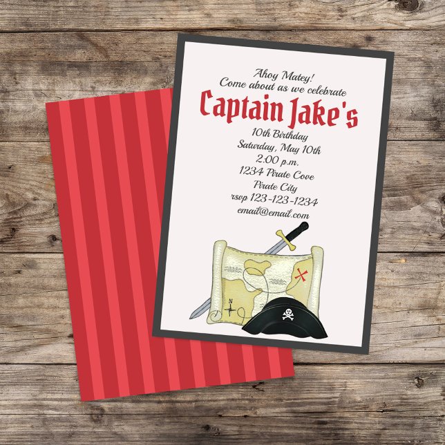 Invitación Niños Fiesta de cumpleaños Pirata Mapa caprichoso (Pirate custom birthday party invitation template.)