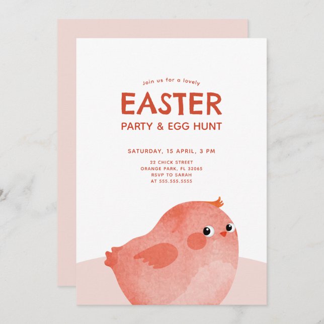 Invitación Niños Fiesta de Pascua con pollo pequeño rosa (Anverso / Reverso)