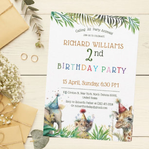 Invitación Niños Fiestas coloridos Animales salvajes Safari C