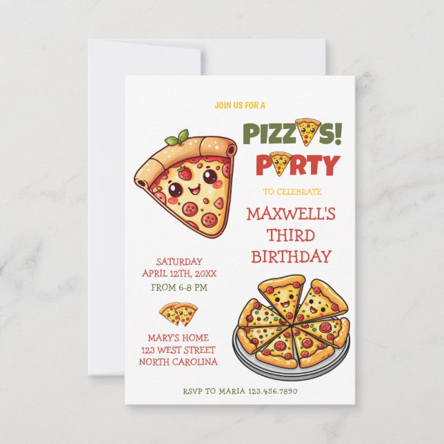 Invitación Niños Fiestas de Cute Kawaii Pizza (Anverso)
