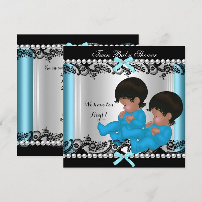 Invitación Niños gemelos afroamericanos Baby Shower Blue 3 (Anverso / Reverso)