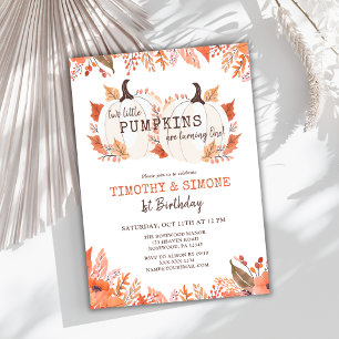 Invitación Niños gemelos Calabaza Floral Caída Primer Cumplea