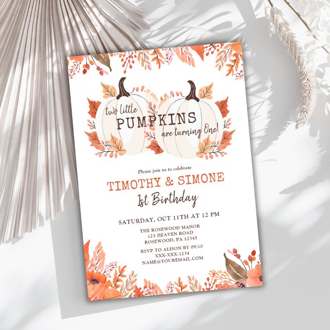 Invitación Niños gemelos Calabaza Floral Caída Primer Cumplea (Subido por el creador)