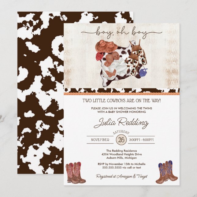 Invitación Niños gemelos del oeste de Baby Shower V3 (Anverso / Reverso)