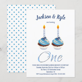 Invitación Niños gemelos Fiesta de la torta azul de cumpleaño
