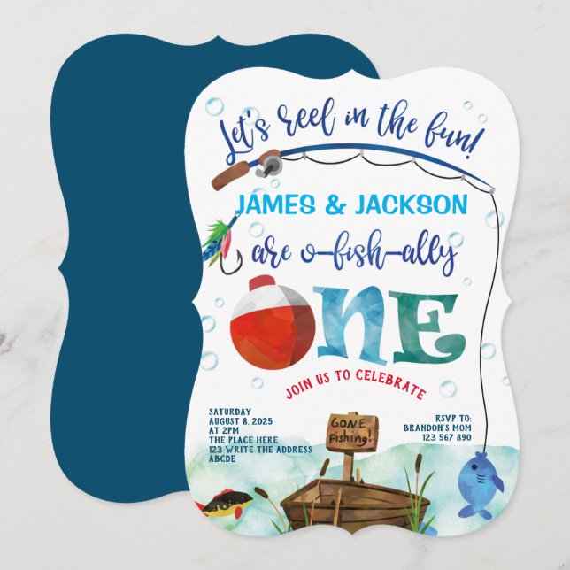 Invitación Niños gemelos pescadores menores con temática de p (Anverso / Reverso)