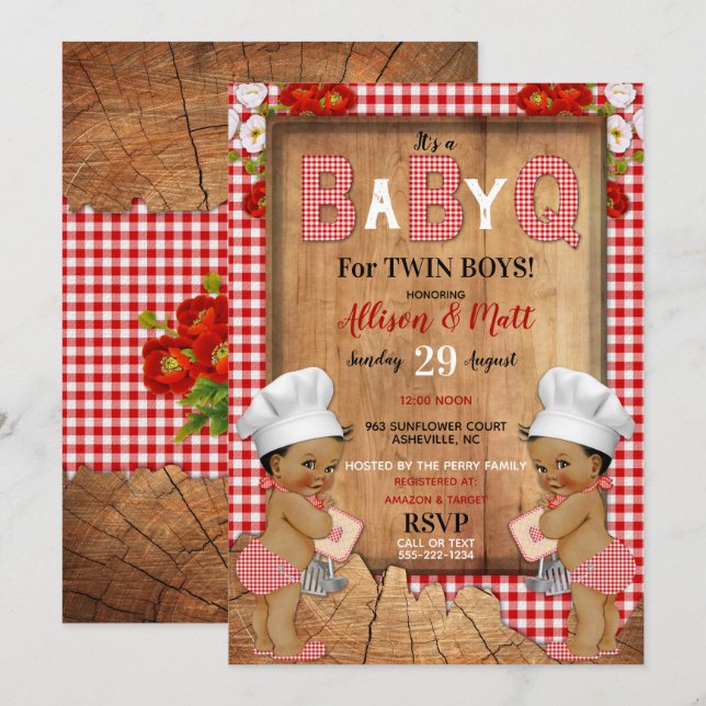 Invitación Niños gemelos Red Gingham Wood Barbecue Q (Anverso / Reverso)