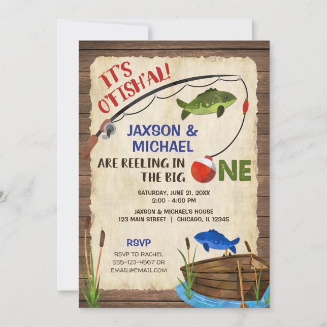 Invitación Niños gemelos Rustic pescando niño de primer cumpl (Anverso)