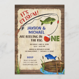 Invitación Niños gemelos Rustic pescando niño de primer cumpl