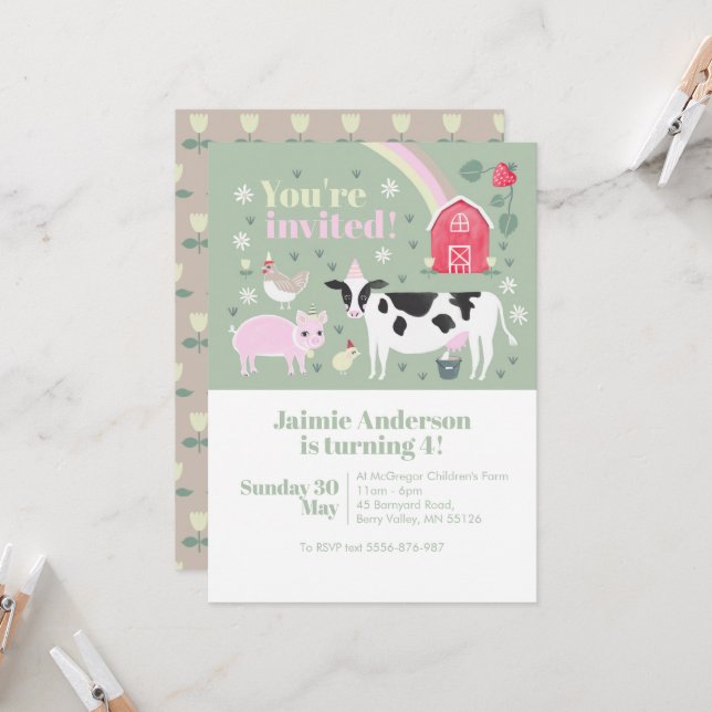 Invitación Niños Green Fun Farm Animal Cow Cumpleaños (Anverso/Reverso In Situ)