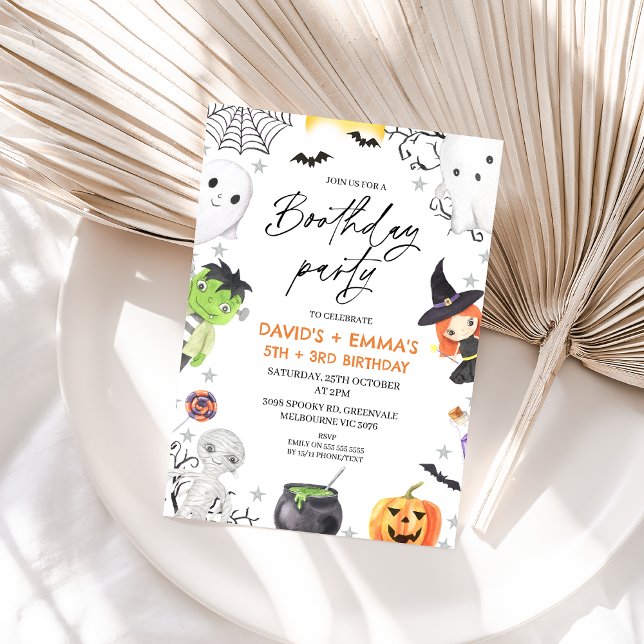 Invitación Niños Halloween Boothday Fiesta únase cumpleaños (Kids Joint Halloween Birthday Party Invitation, Halloween Boothday Party Invitation, Frankenstein)