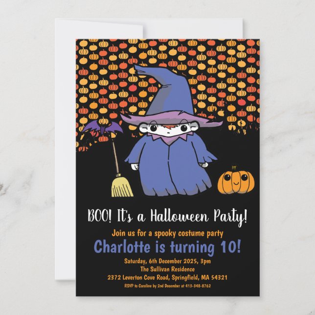 Invitación Niños Halloween Calabaza de Brujas y Murciélagos C (Anverso)