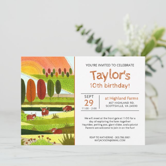 Invitación Niños Highland Cows Call Farm Birday Party Invita (Anverso de pie)