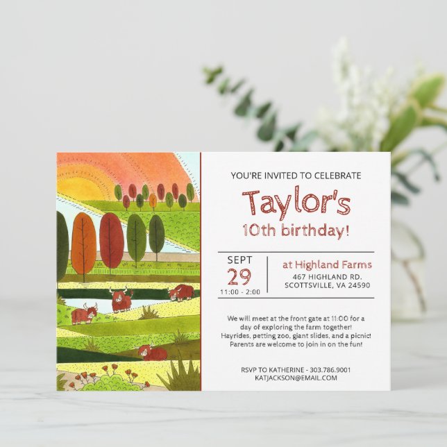 Invitación Niños Highland Cows Call Farm Birday Party Invita (Anverso de pie)