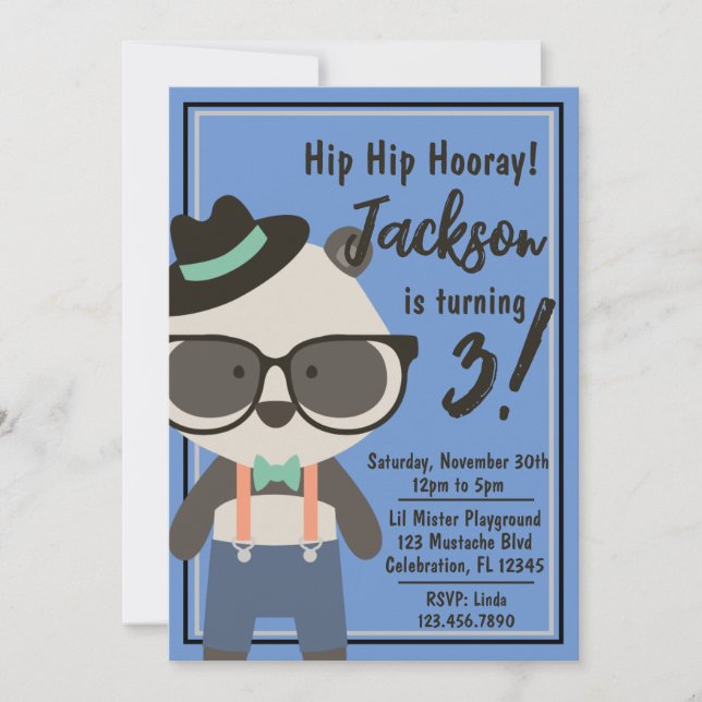 Invitación Niños Hipster Mister Panda Bear Cumpleaños (Anverso)