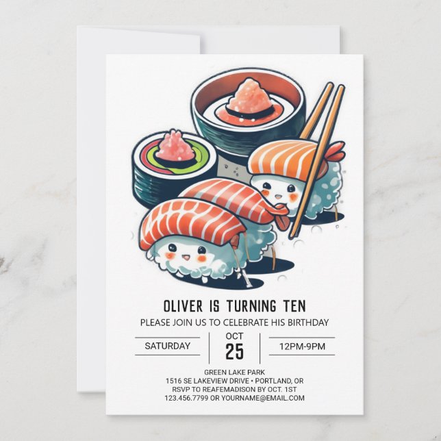 Invitación Niños imprimibles nocturnos de sushi Cumpleaños (Anverso)