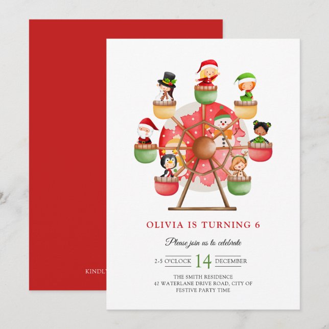 Invitación Niños Invierno Maravilla Ferris Wheel Navidad Cump (Anverso / Reverso)