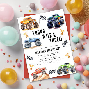 Invitación Niños Jóvenes Salvajes Y Camiones De Tres Monstruo