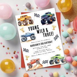 Invitación Niños jóvenes salvajes y tres camiones monstruo