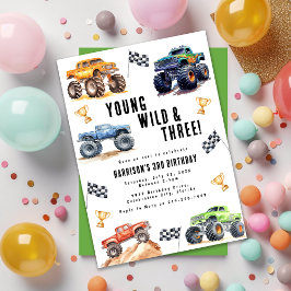 Invitación Niños jóvenes salvajes y tres camiones monstruo