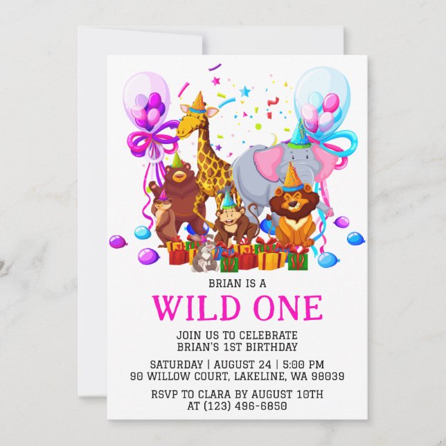 Invitación niños jungla animal salvaje un primer cumpleaños (Anverso)