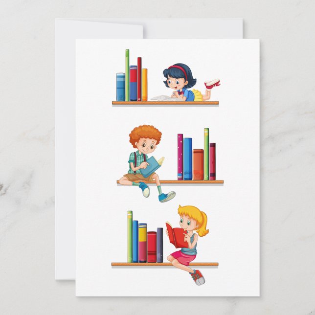 Invitación Niños leyendo libros en estante (Anverso)