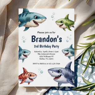 Invitación Niños Lindos Acuarela Tiburón Cumpleaños 3er Fiest