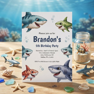Invitación Niños Lindos Acuarela Tiburón Fiesta de Cumpleaños