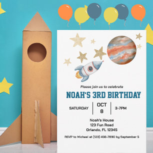 Invitación Niños Lindos Cumpleaños Espacio Exterior Acuarela
