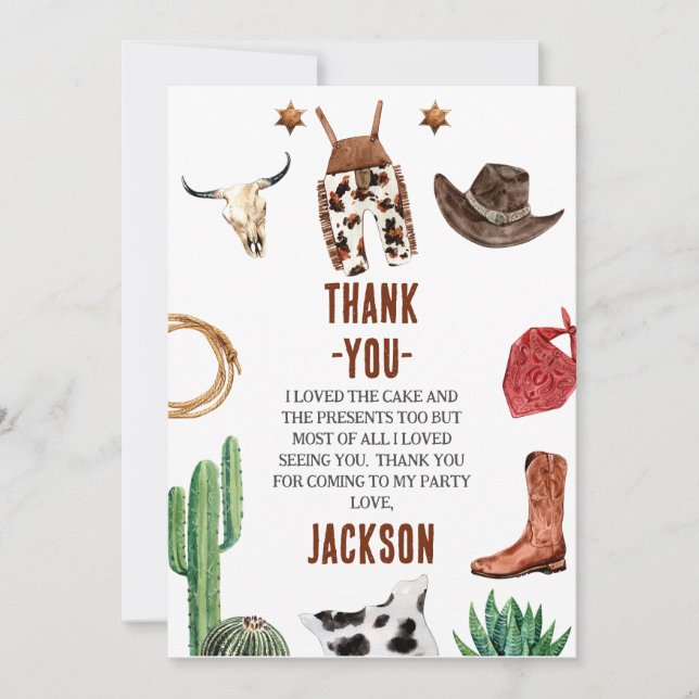 Invitación Niños Mi primer cumpleaños de Rodeo Cowboy Gracias (Anverso)
