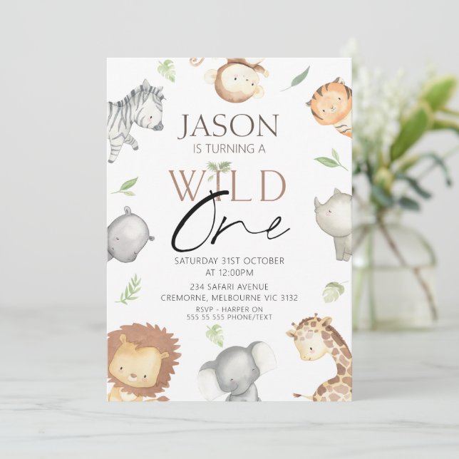 Invitación Niños modernos Safari Minimalista salvaje un cumpl (Anverso de pie)