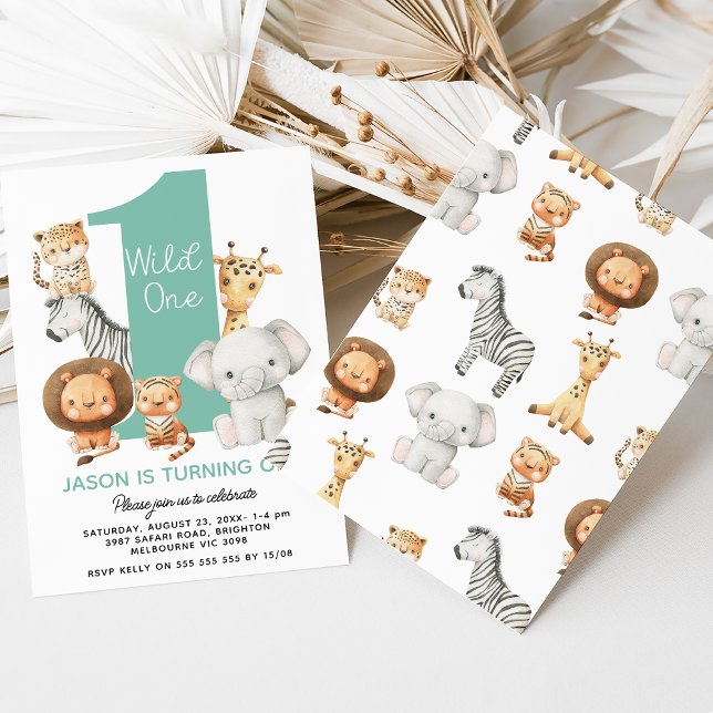 Invitación Niños modernos salvajes un Safari Animales 1er cum (Wild one themed boys 1st birthday invitation with cute safari animals and large number.)