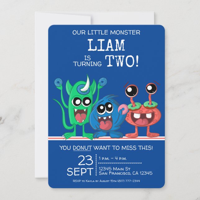 Invitación Niños Monstruitos Lindos Donut Cumpleaños 2 (Anverso)