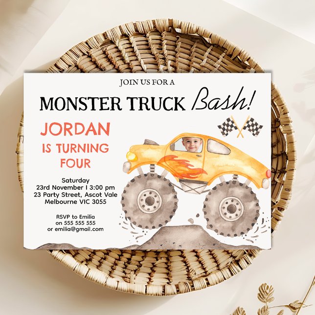 Invitación Niños Monstruo Amarillo Camión Monster Bash Cumple (Monster Truck Birthday Invitation Template, Yellow Monster Truck Bash Birthday Invite Any Age)