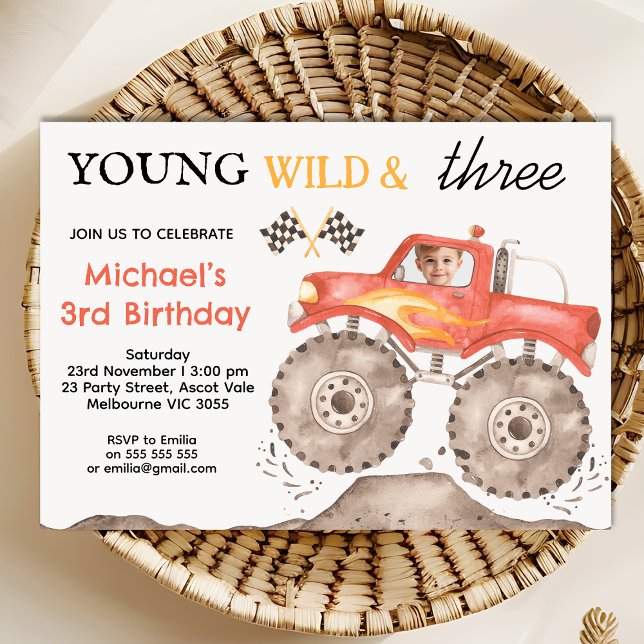 Invitación Niños Monstruo Rojo Camión Joven Salvaje Tres Cump (Boys Monster Truck Birthday Invitation, Young Wild Three Monster Truck Birthday Invitation Template)