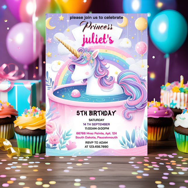 Invitación niños muchacha lindo morado rosa unicornio primer  (Subido por el creador)