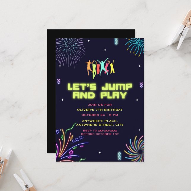 Invitación Niños neones trampoline park cumpleaños (Anverso/Reverso In Situ)