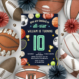 Invitación niños niños azul juego Deportes 10 cumpleaños